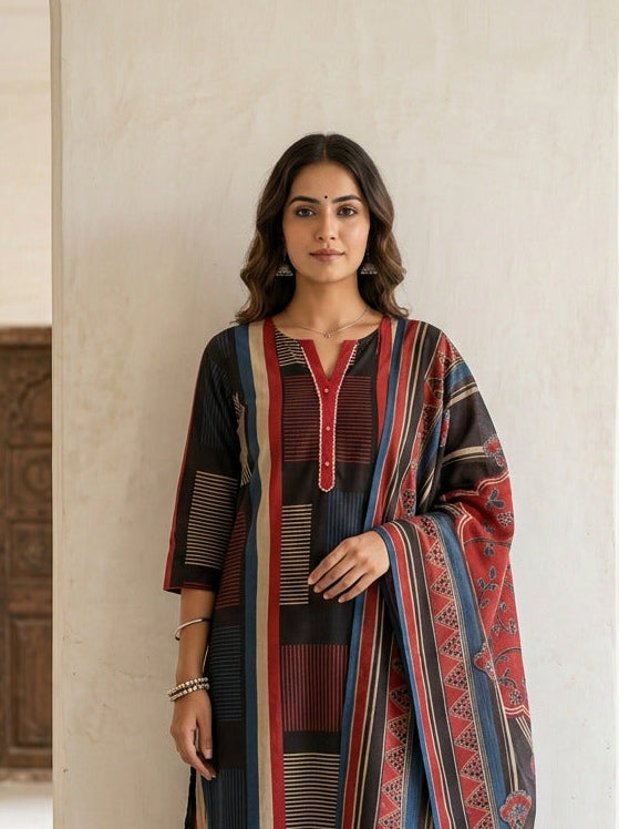 Swades ebony cotton printed suit set