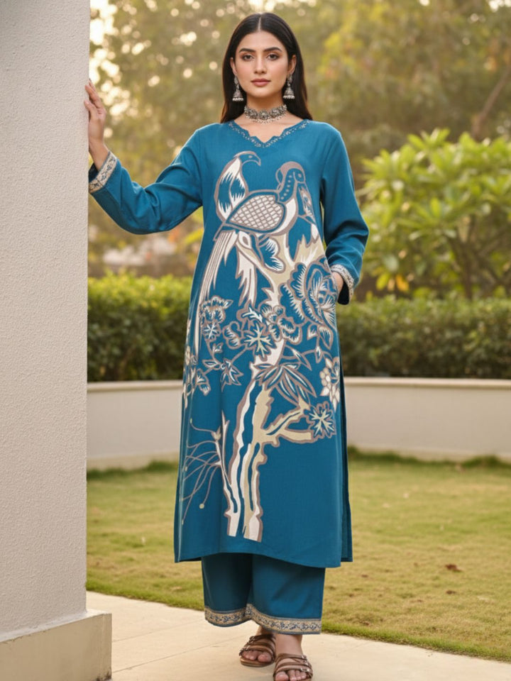Kabool Peacock Printed Kurta Pant Set