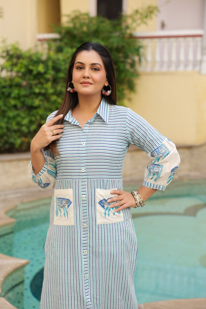 Dyna Azure Printed Stripe Kurta Pant Set