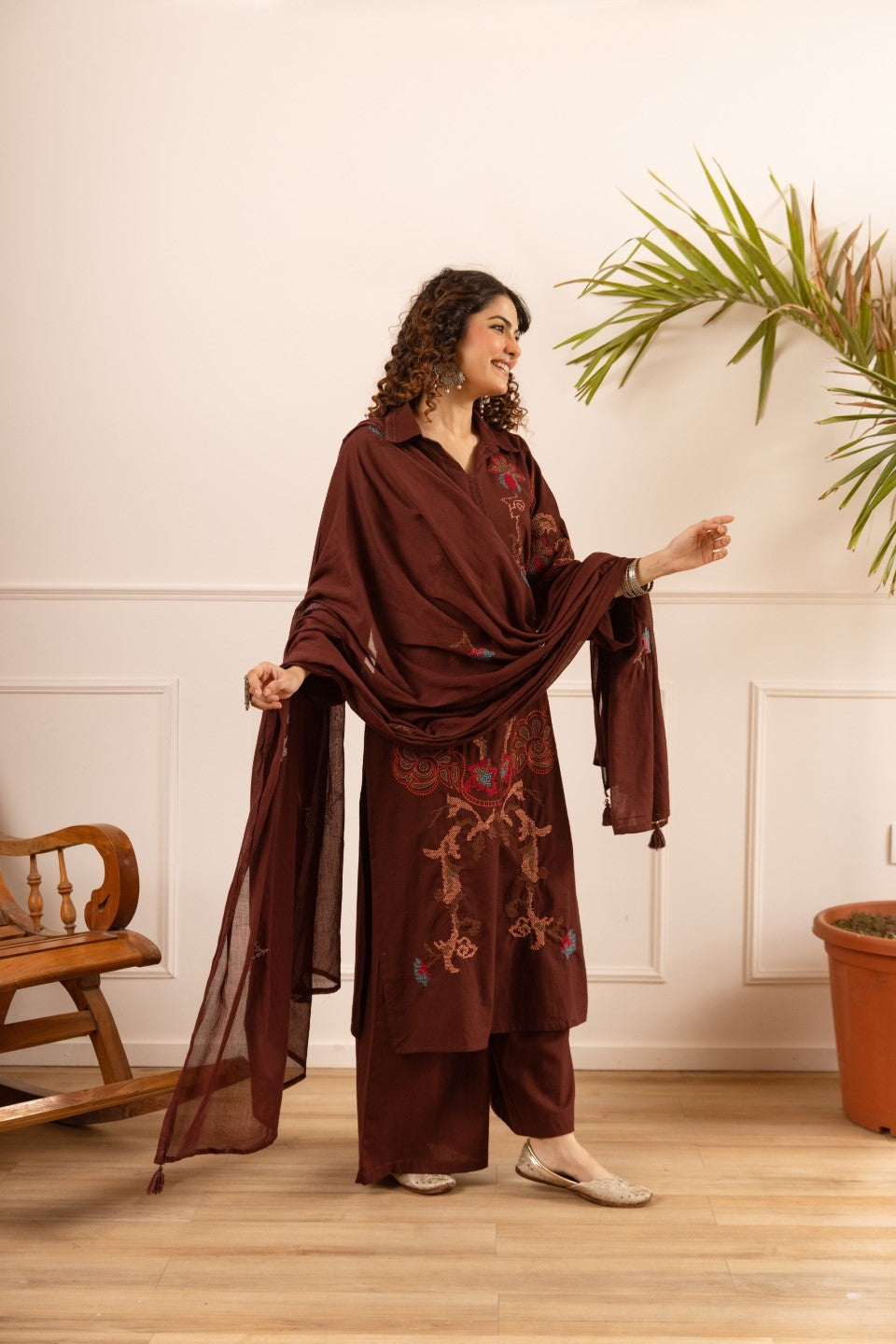 Karen chestnut embroidery cotton suit set