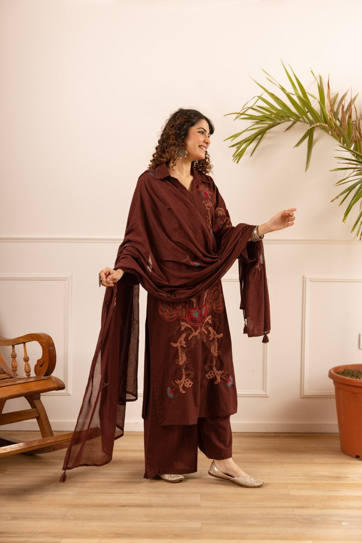 Karen chestnut embroidery cotton suit set