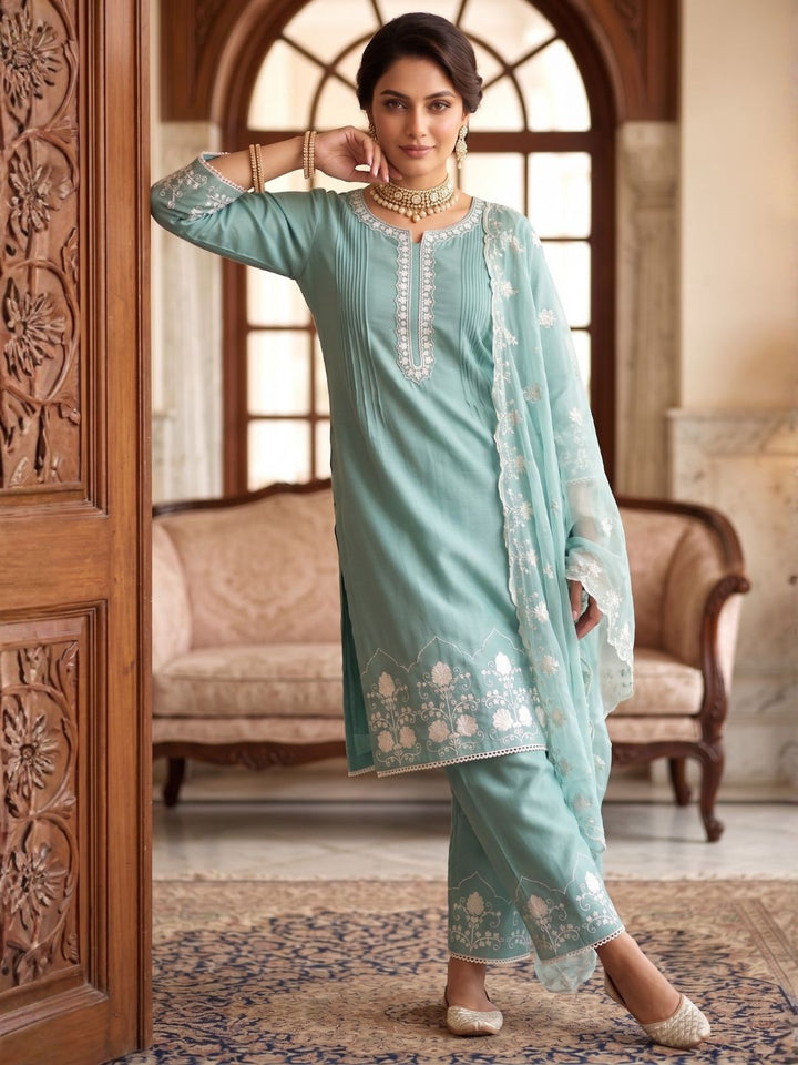 Lisba Teal Embroidered Lawn Suit Set