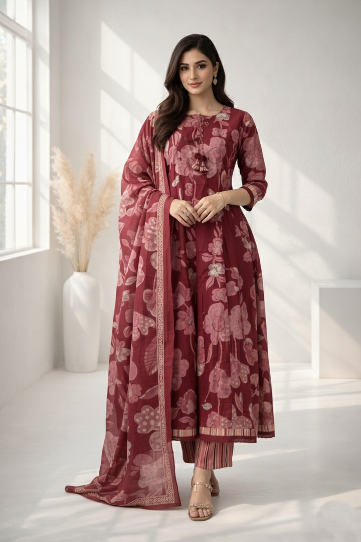 Ridhika Merlot Printed Cotton Suit Set