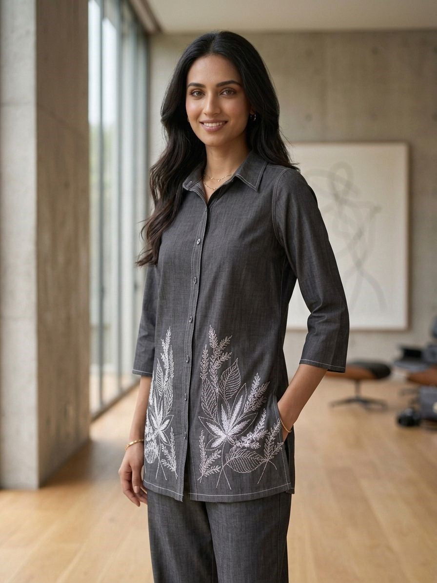 Prisha fossil embroidery denim co-ord set