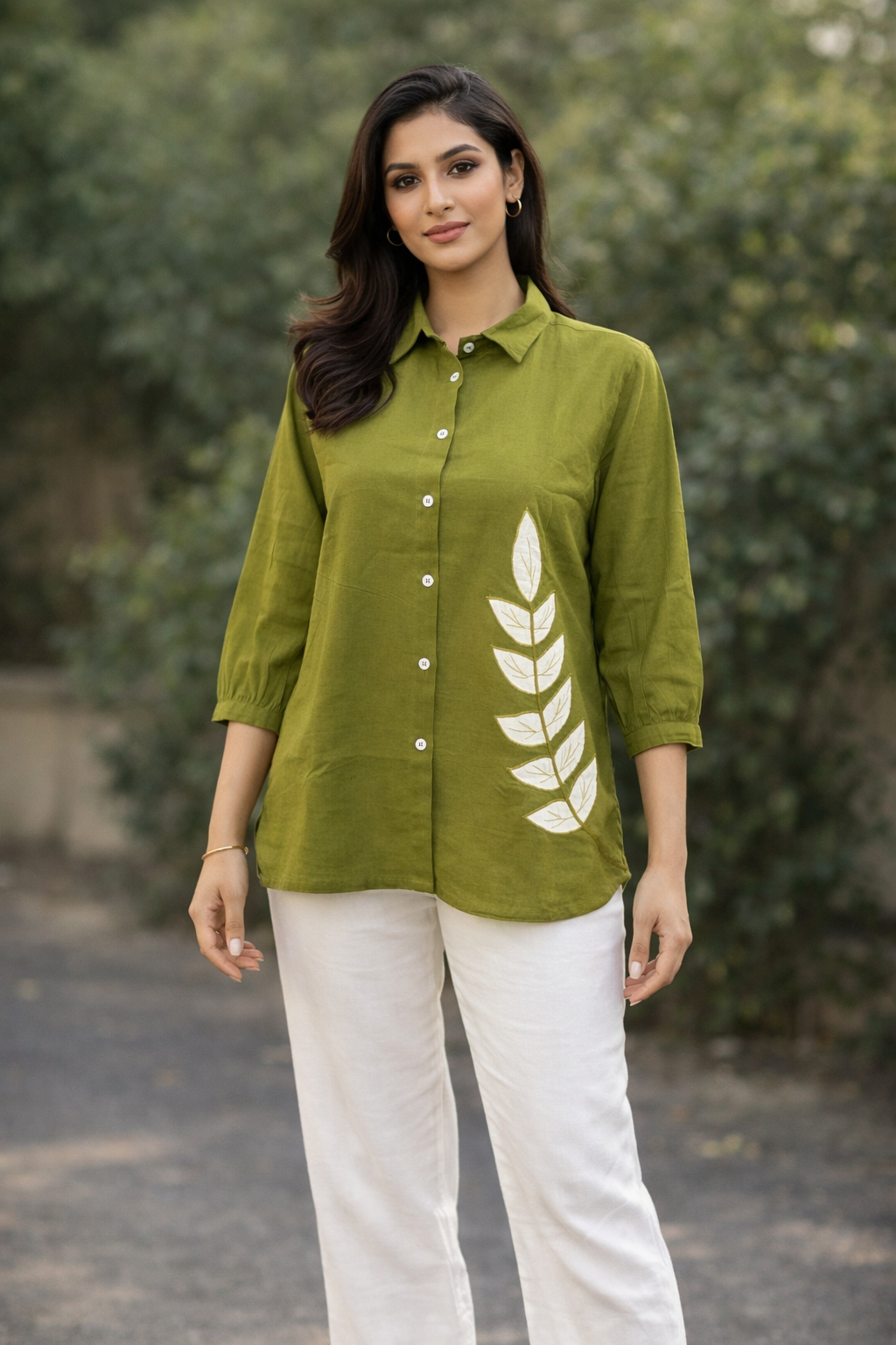 Anvika Olive Cotton Applique Shirt