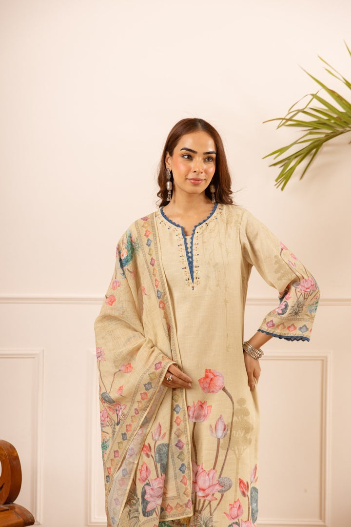 Mihika tan printed cotton suit set