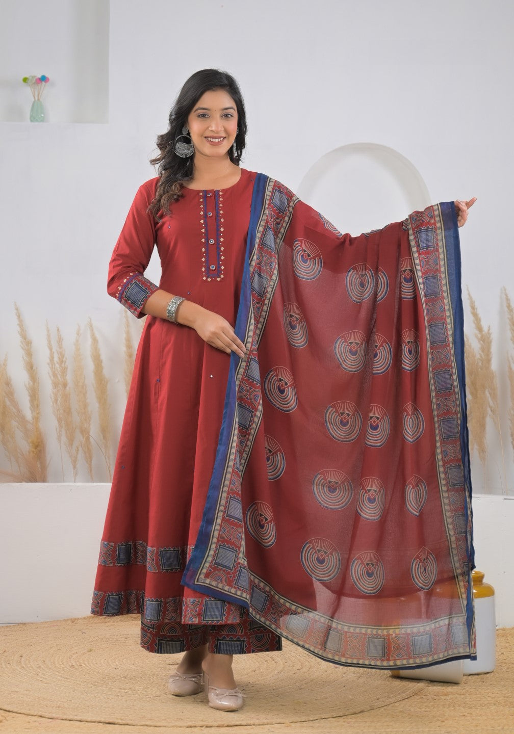 Ridhika Carmine cotton anarkali suit set