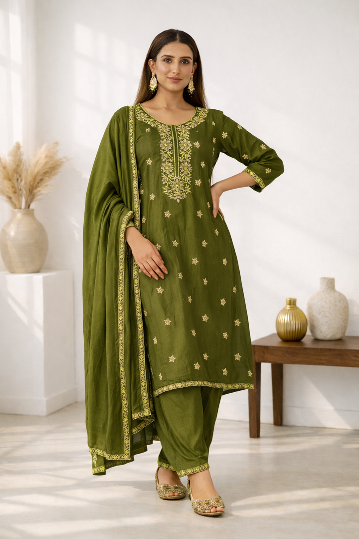 Anila Olive Full Work Anarkali Suit Set
