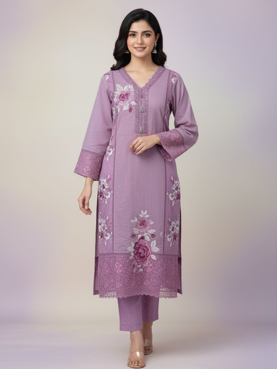 Mahi Lavender Lace Work Suit Set