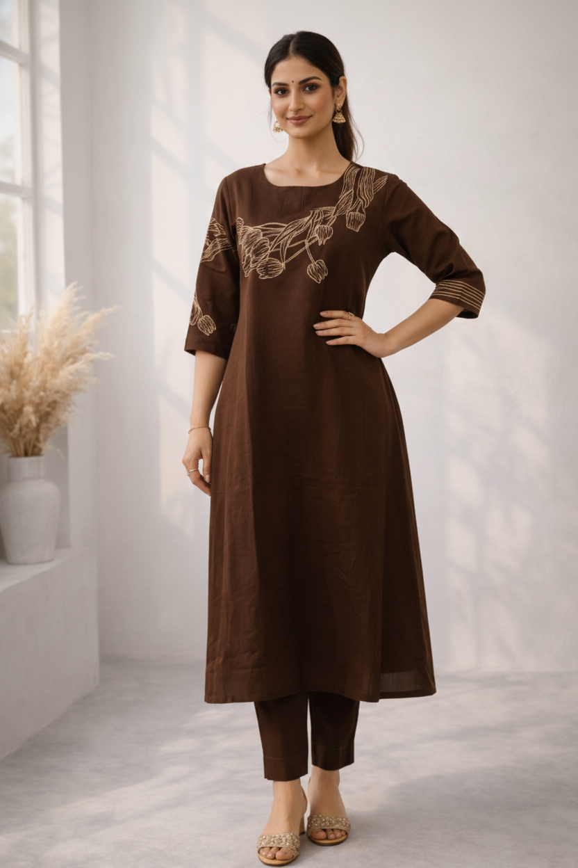 Mishka Coffee Embroidered Kurta Pant Set