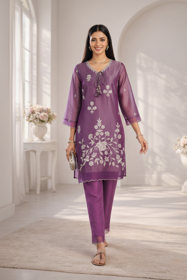 Anumeha Plum Full Work co-ord set