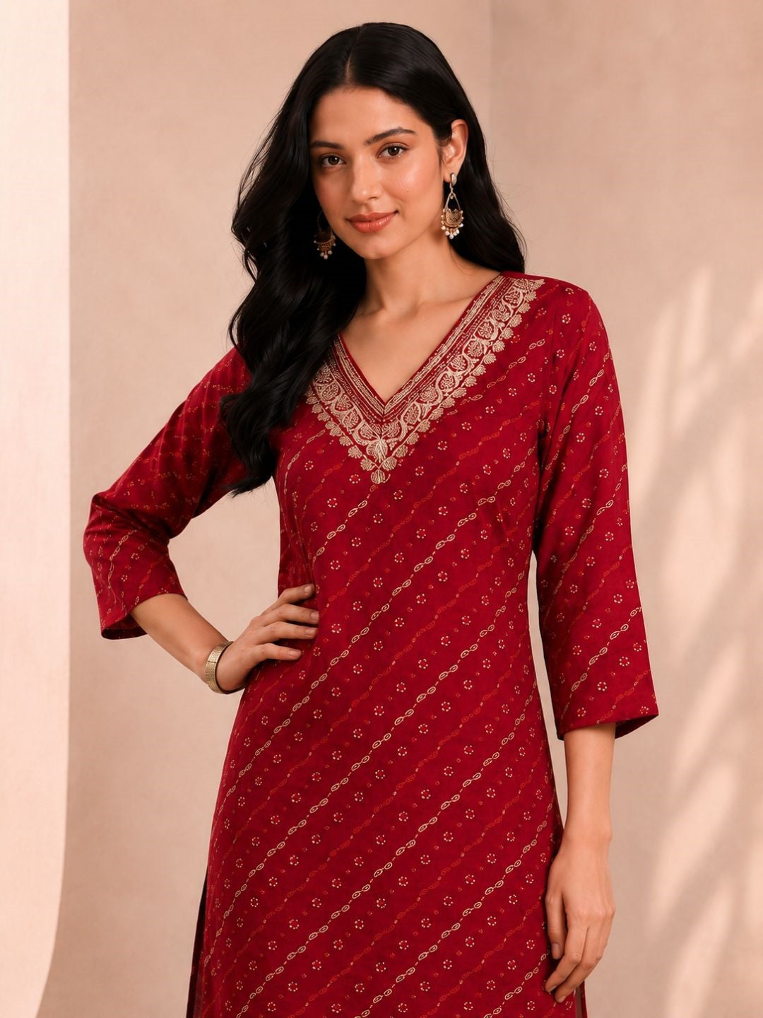Medha Carmine Printed Work Kurti