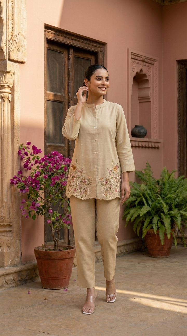 Viyona tan embroidery cotton co-ord set