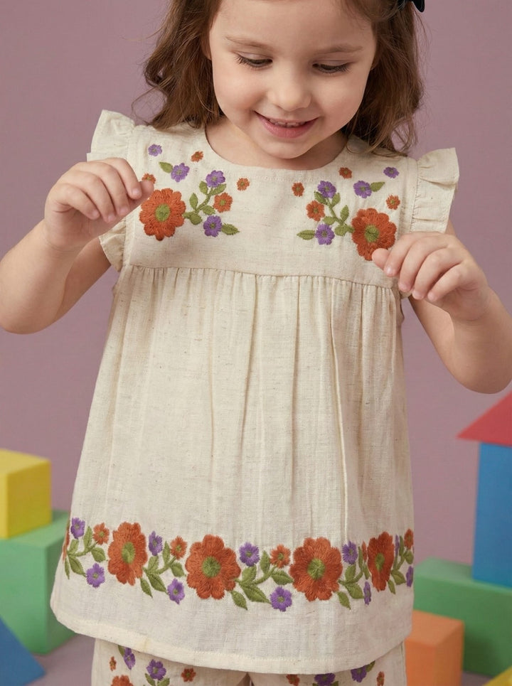 Joy peony embroidery cotton kids co-ord set