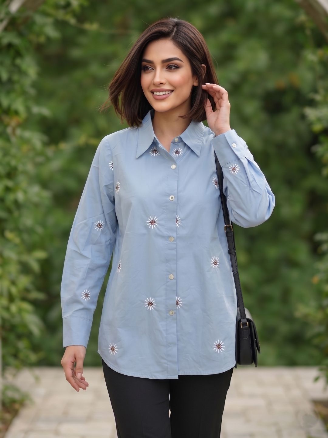 Mohini Soft Blue Cotton Embroidered Shirt