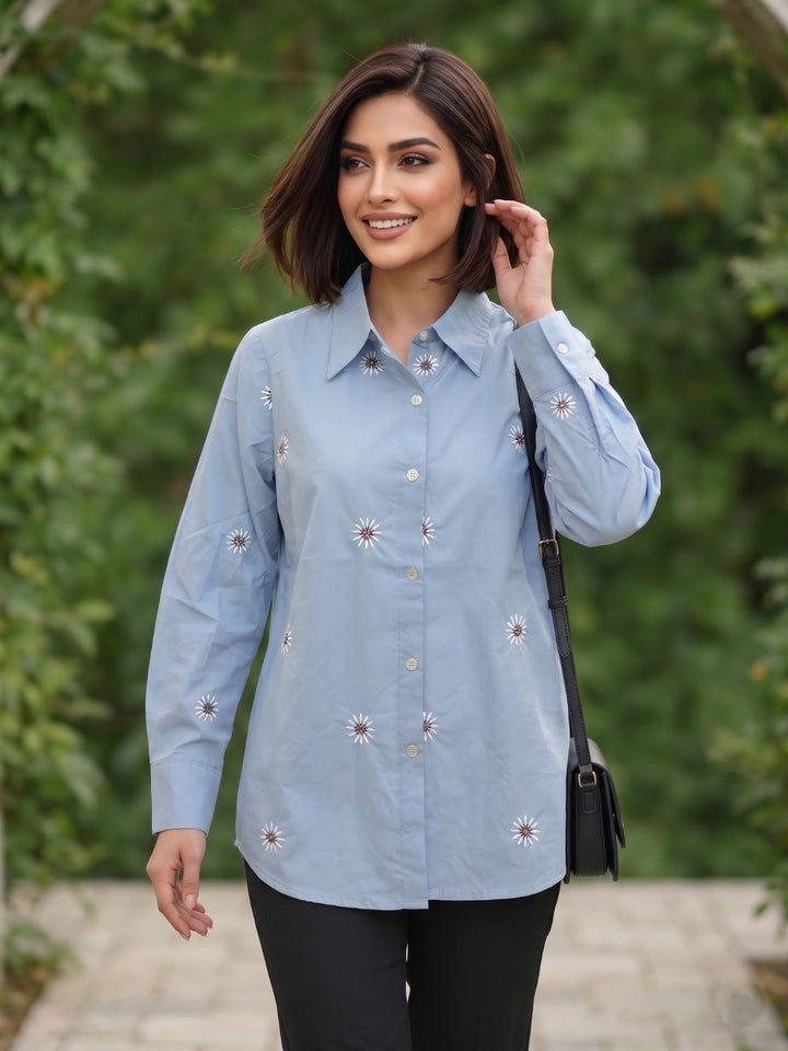 Mohini Soft Blue Cotton Embroidered Shirt