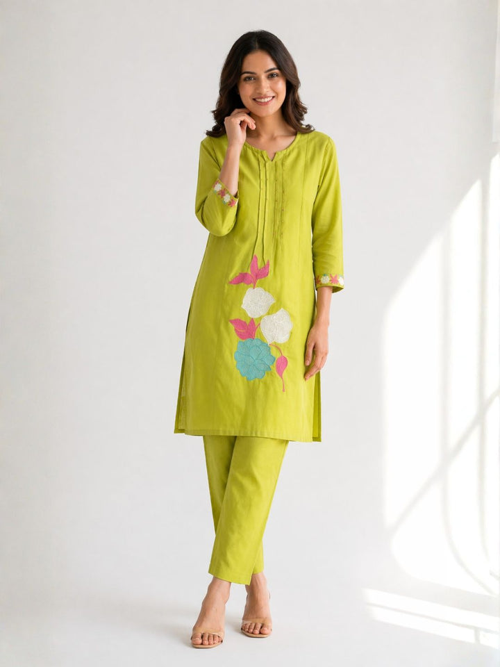 Jayna Lime Embroidered Kurta Pant Set