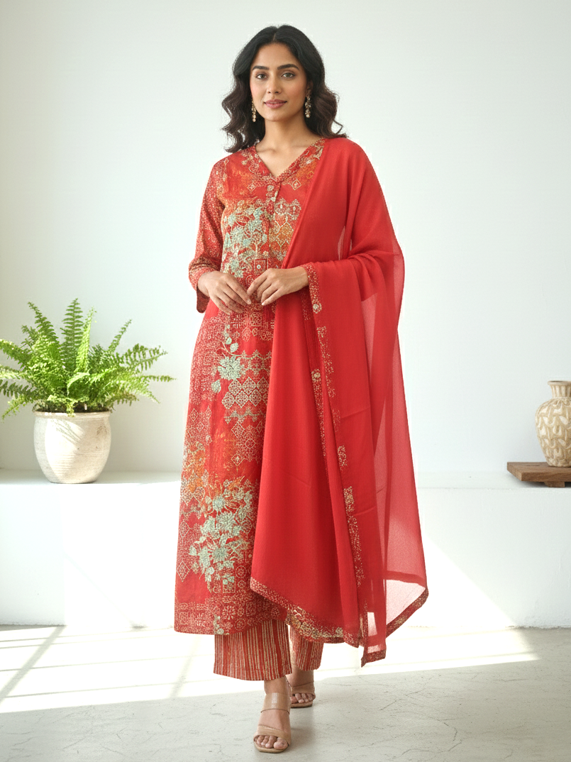 Reet Carmine Printed Work Suit Set