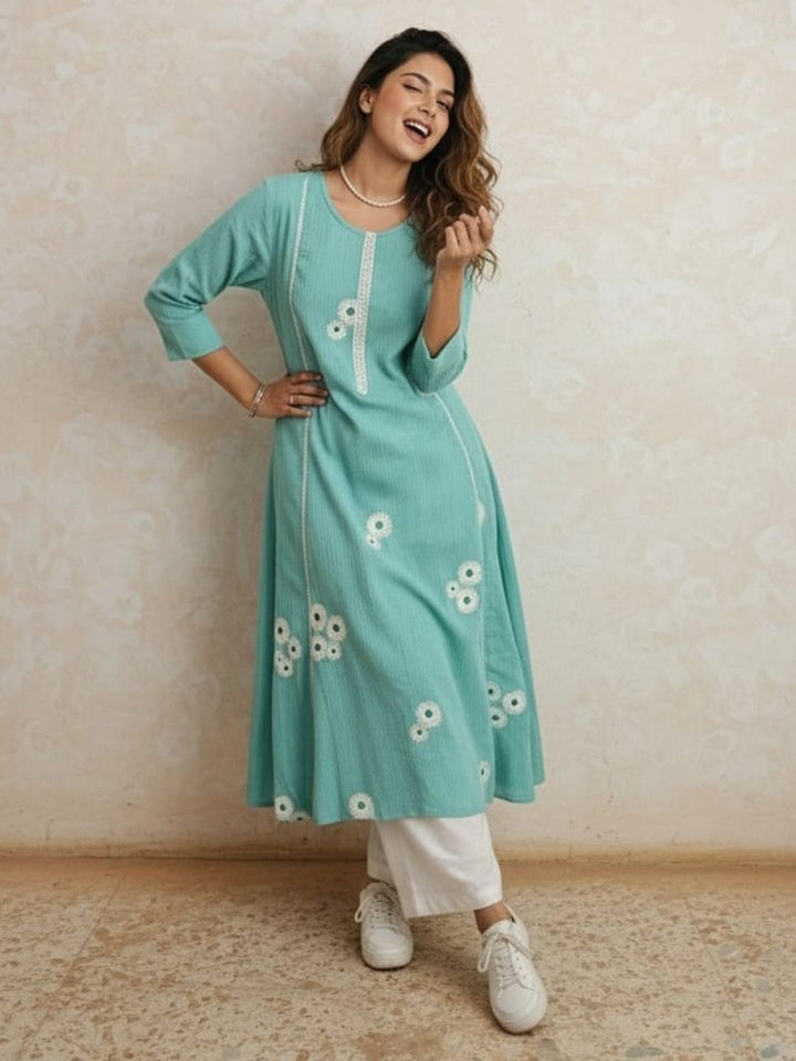 Swades softblue embroidery cotton kurta pant set