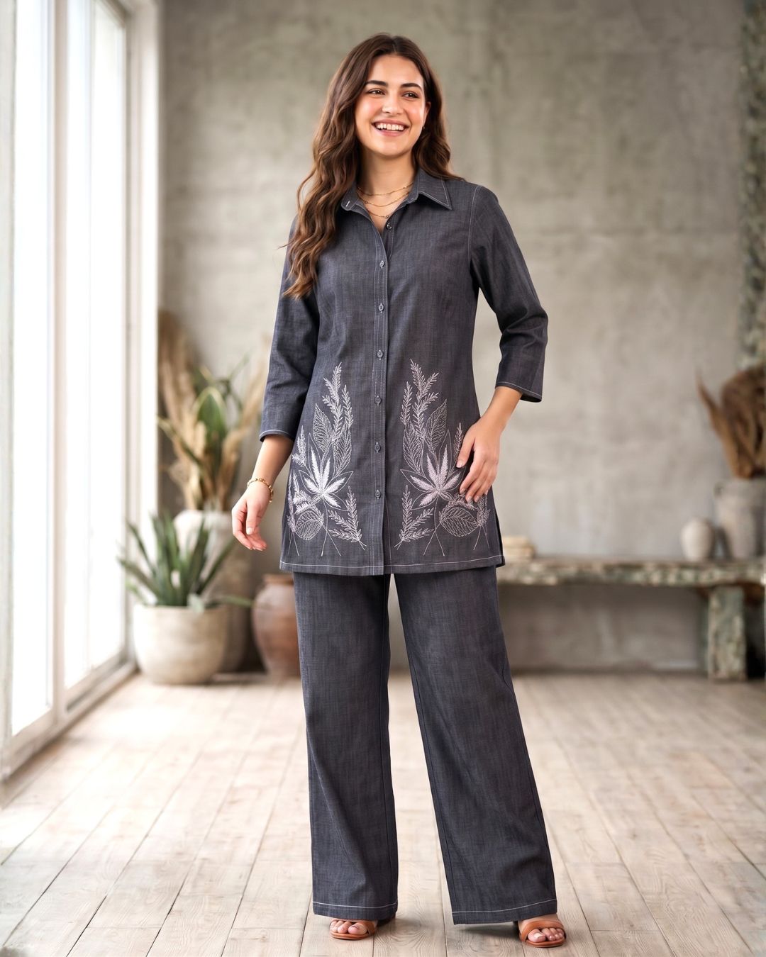 Prisha fossil embroidery denim co-ord set