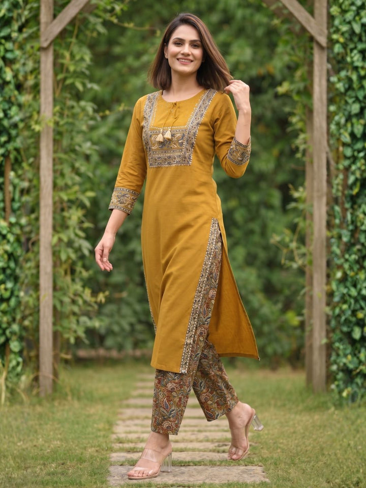 Vairagi Gold Printed Work Cotton Kurta Pant Set