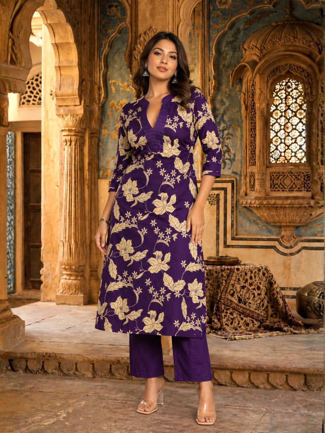 SASHA ORCHID PRINTED COTTON KURTA PANT SET
