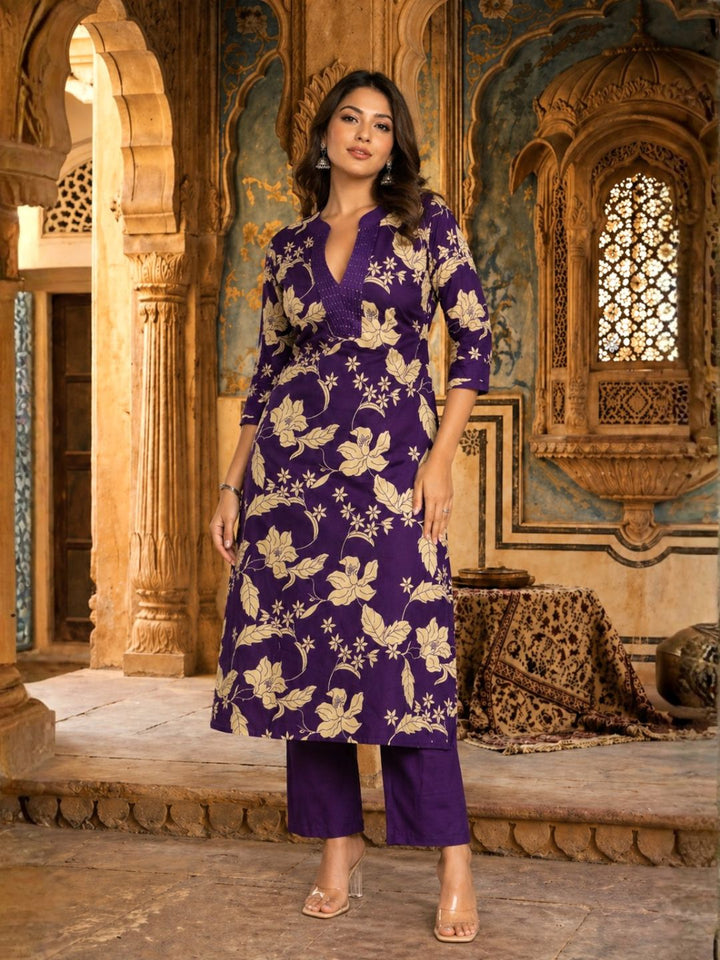SASHA ORCHID PRINTED COTTON KURTA PANT SET