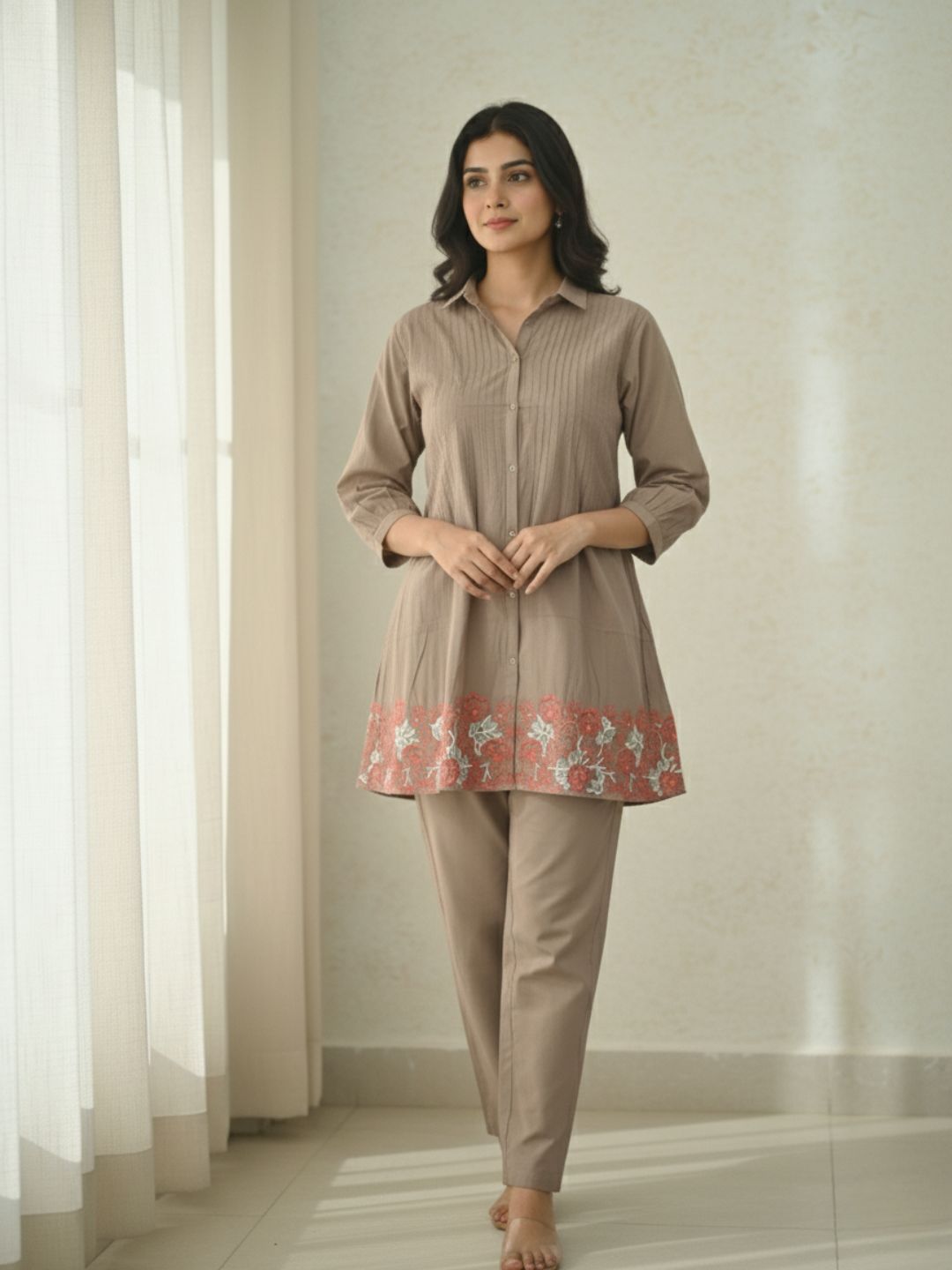 Pankhuri Taupe Embroidered Co-ord Set