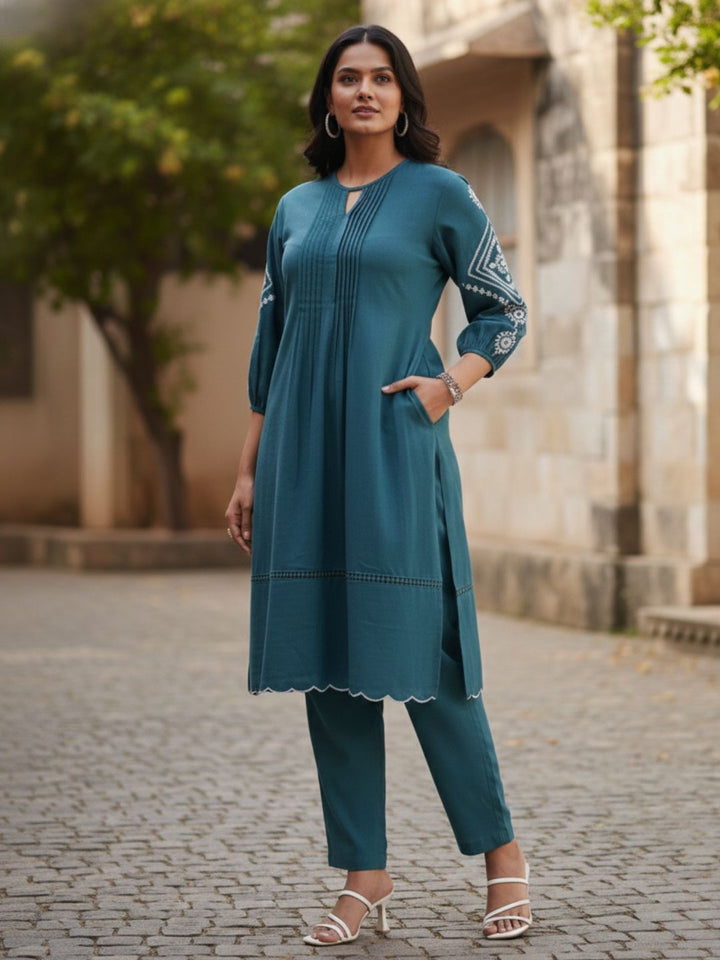 TUSHKI TEAL COTTON COMFY KURTA PANT SET