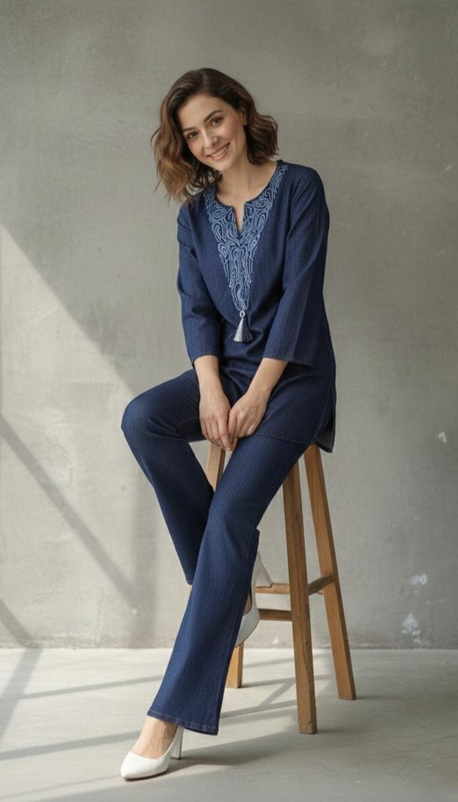 Prisha lapis denim embroidery co-ord set