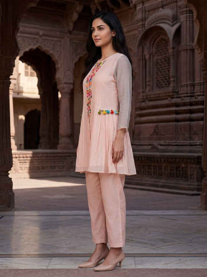 Gaur salmon embroidery cotton co-ord set