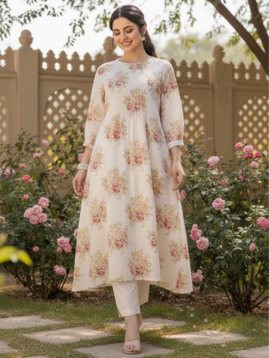 Manjula Caramel Floral Cotton Kurta Pant Set