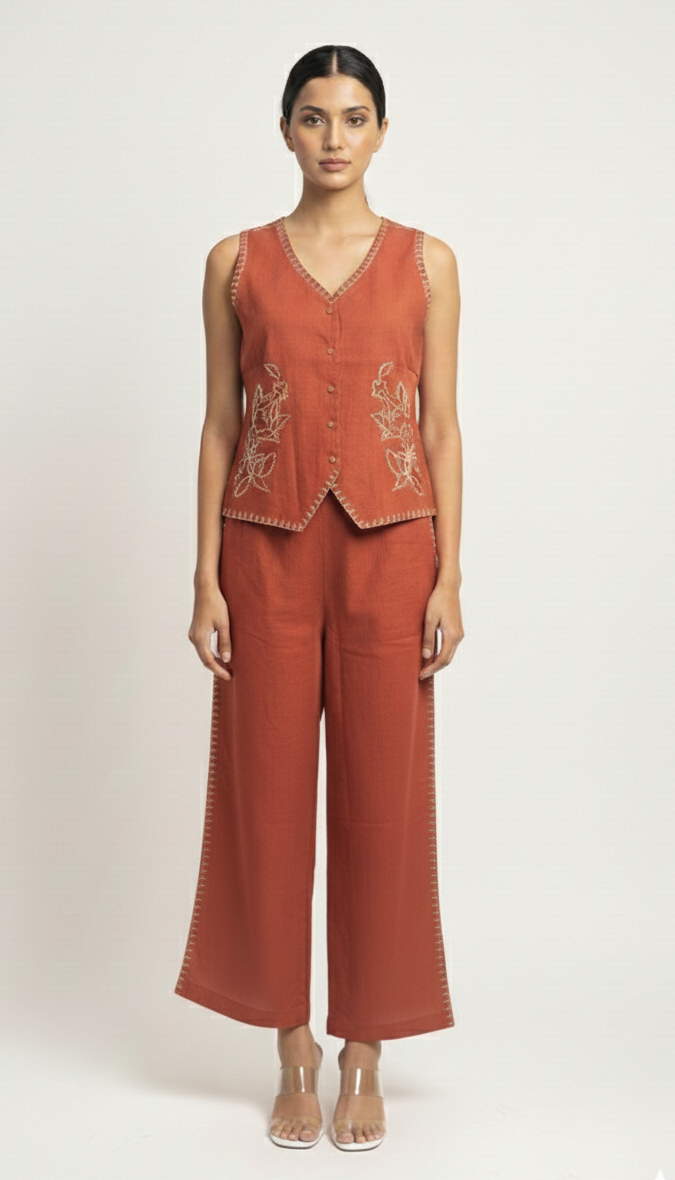 Rushali Coral Embroidered Co-ord Set