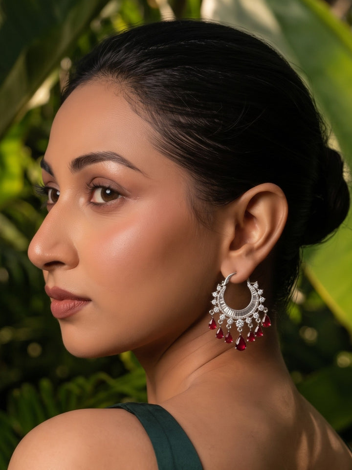 Monstera Zirconia Pink Tassel Bali earring