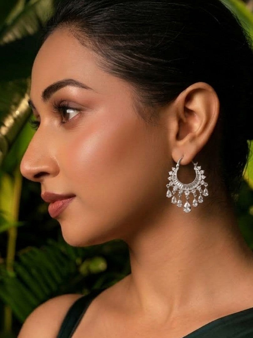 Monstera Zirconia White Tassel Bali earring