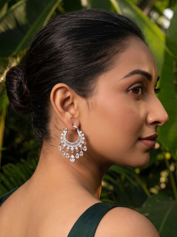 Monstera Zirconia White Tassel Bali earring