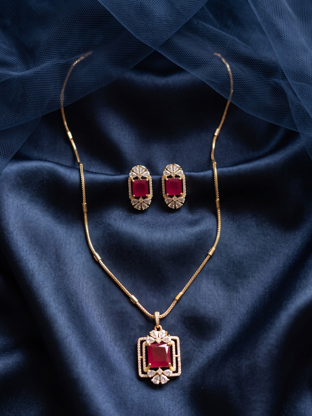 Zarika Ruby Crystal Pendant Chain With Earring