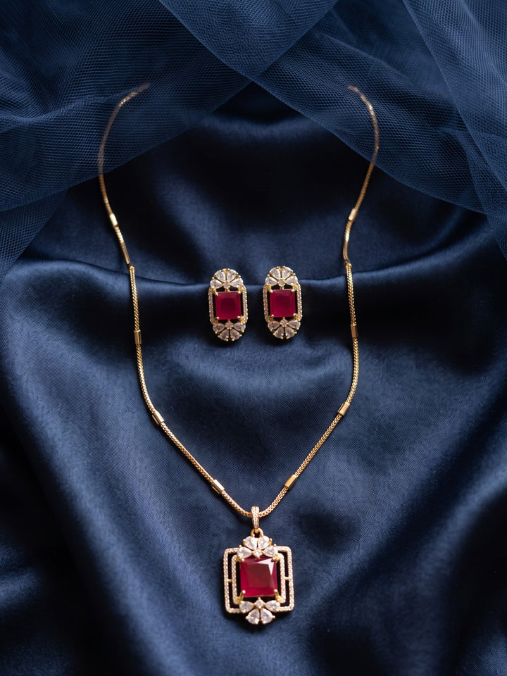 Zarika Ruby Crystal Pendant Chain With Earring