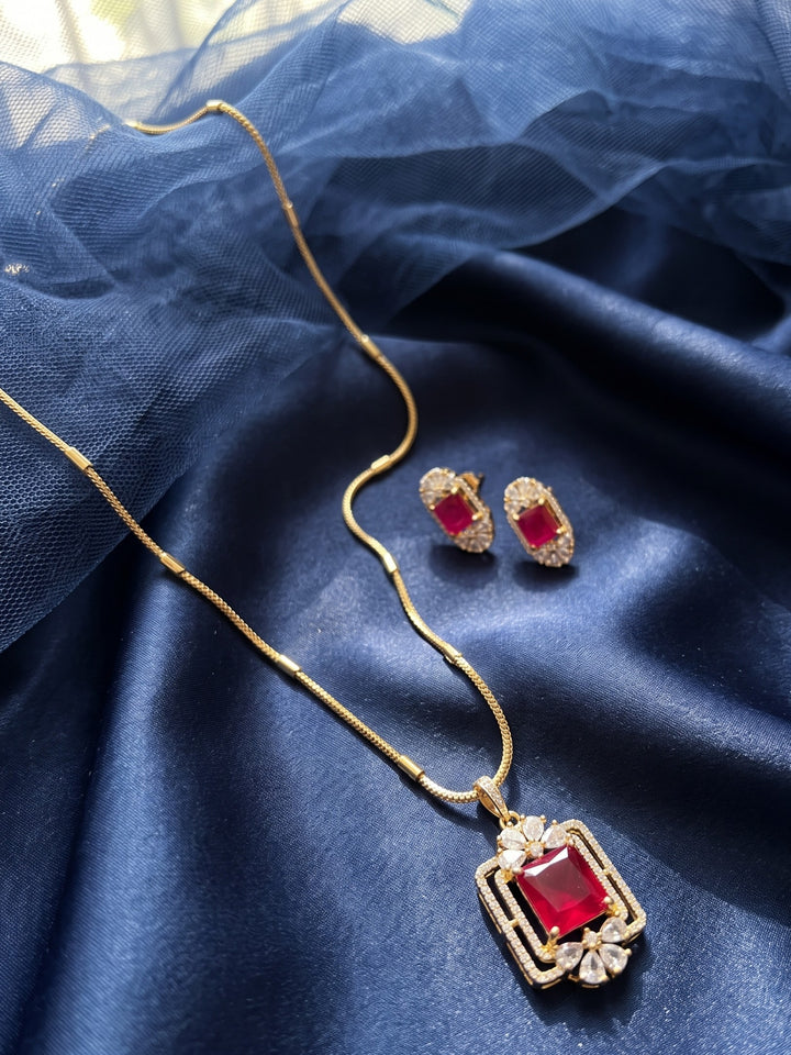 Zarika Ruby Crystal Pendant Chain With Earring
