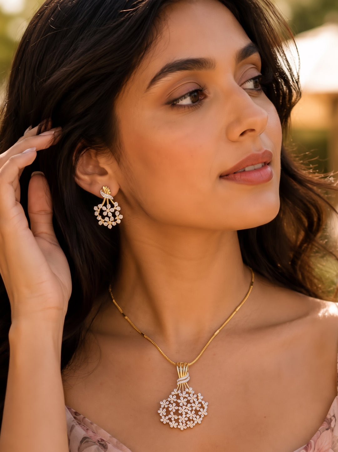Zarika Floral Pendant Chain With Earring