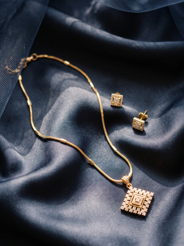 Zarika Geometric Diamond Pendant Chain With Earring