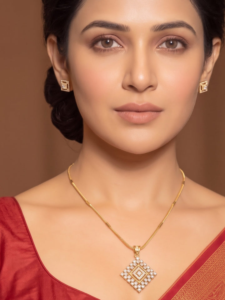 Zarika Geometric Diamond Pendant Chain With Earring