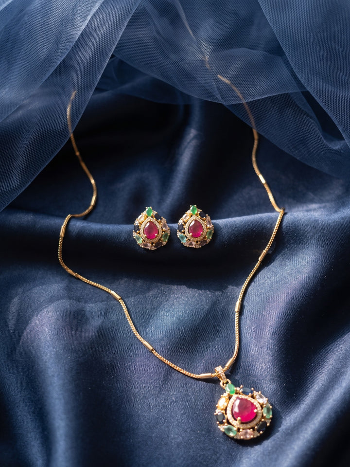 Zarika Navratna Teardrop Pendant Chain With Earring