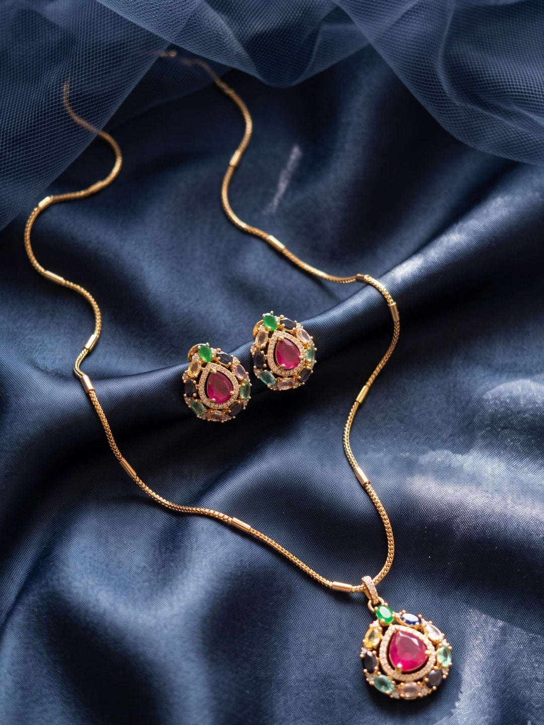 Zarika Navratna Teardrop Pendant Chain With Earring