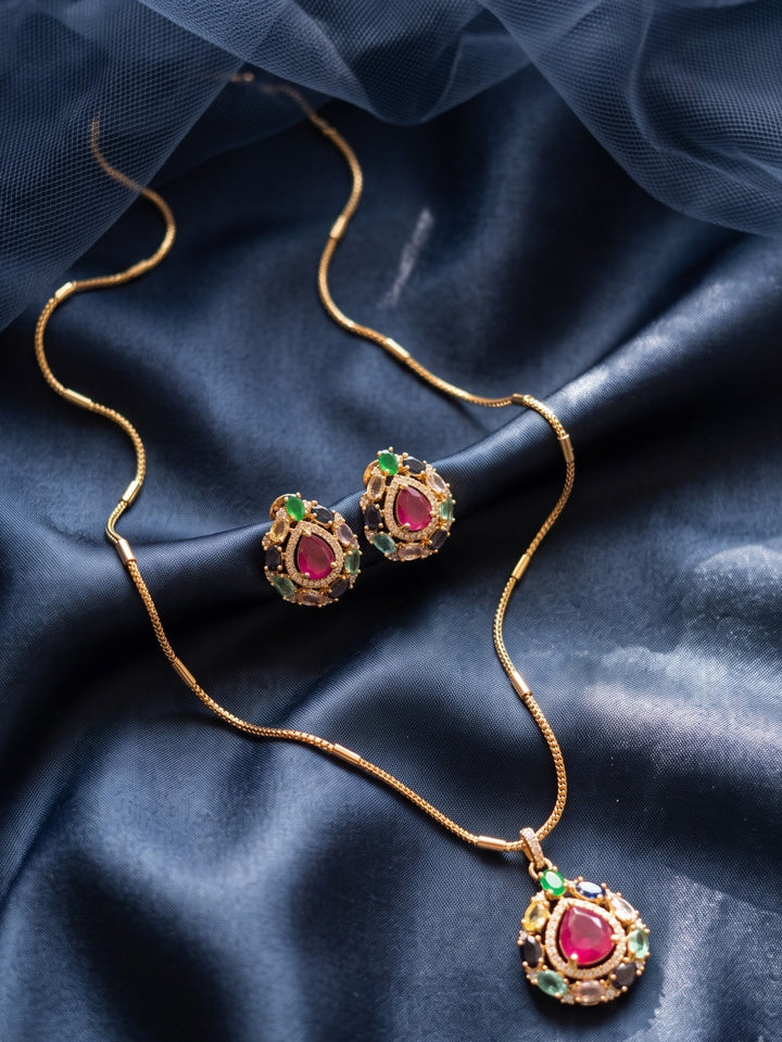 Zarika Navratna Teardrop Pendant Chain With Earring