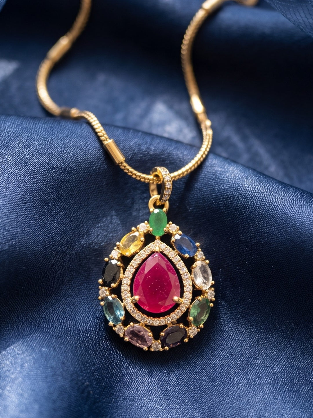 Zarika Navratna Teardrop Pendant Chain With Earring