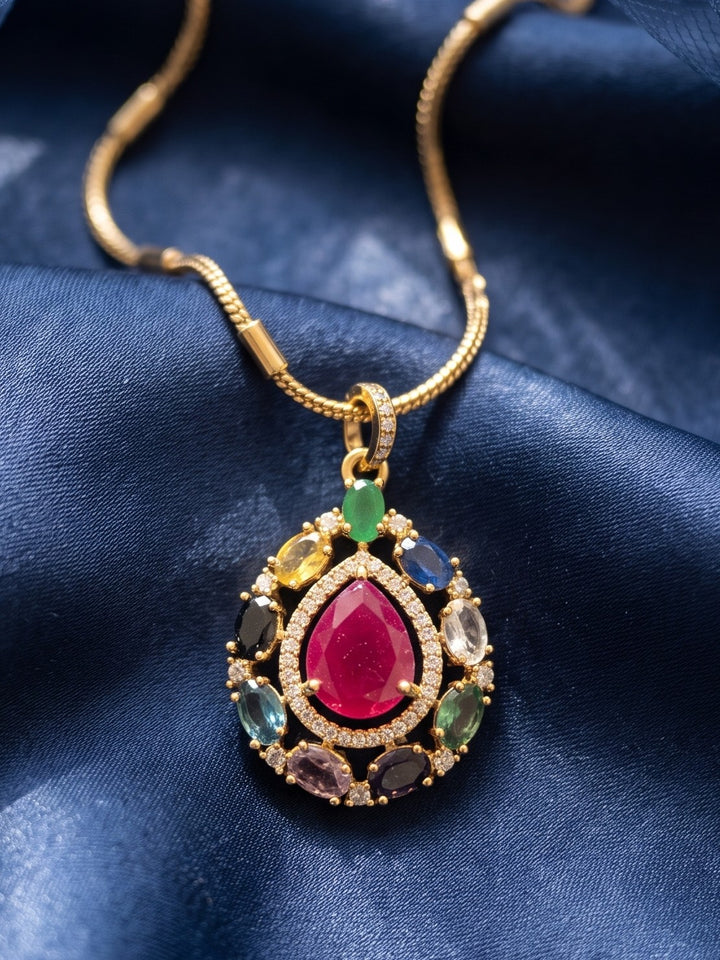 Zarika Navratna Teardrop Pendant Chain With Earring