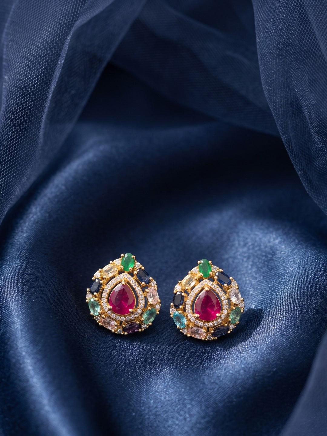 Zarika Navratna Teardrop Pendant Chain With Earring