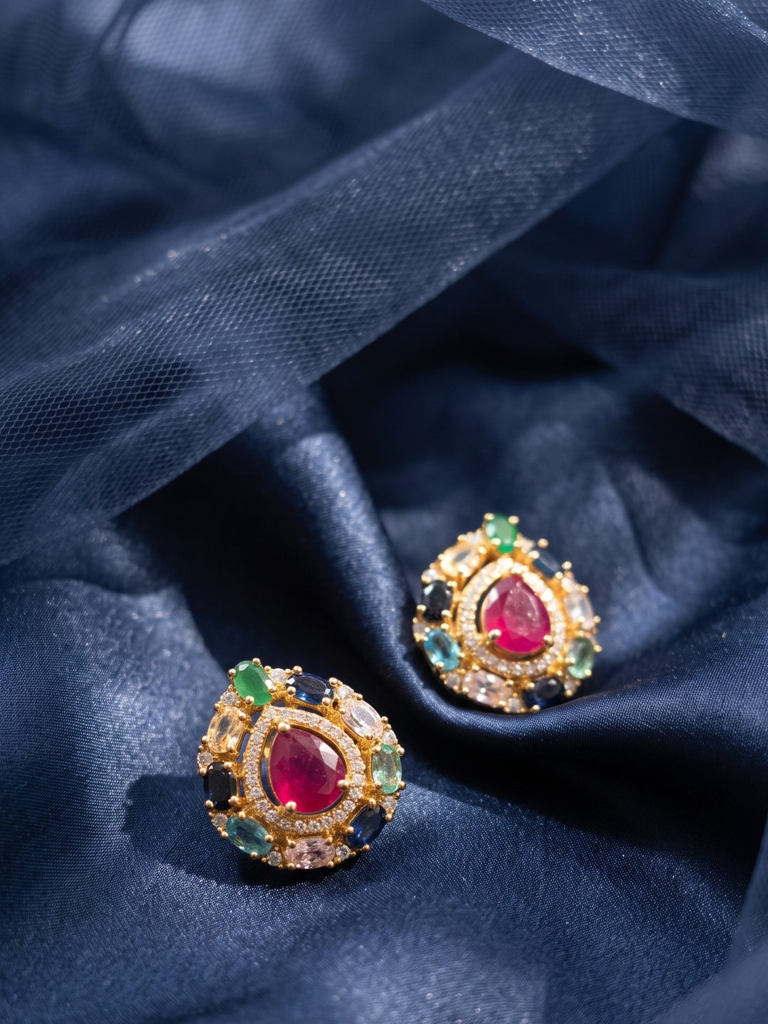 Zarika Navratna Teardrop Pendant Chain With Earring
