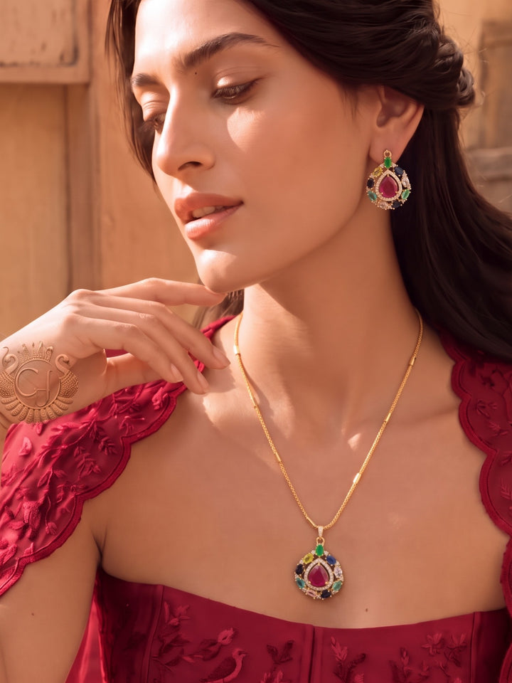 Zarika Navratna Teardrop Pendant Chain With Earring